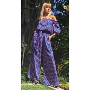 Kristina Mak Purple Silk Like Off Shoulders Jumpsuit Size M